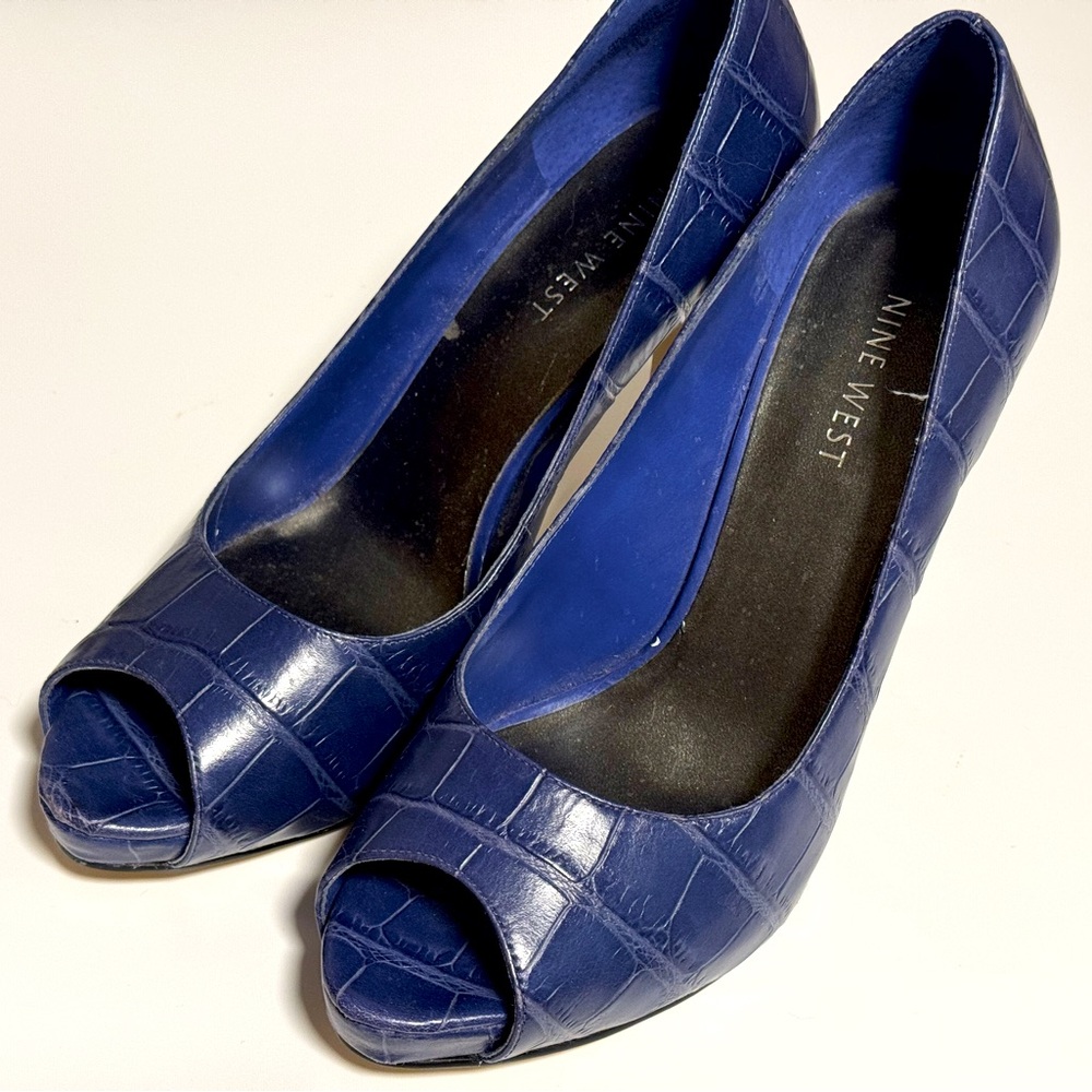 Nine West Blue Crocodile Peep Toe Stiletto Heels